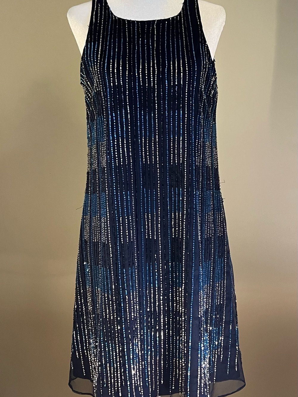 Badgley Mischka Navy and Silver Beaded Midi Dress